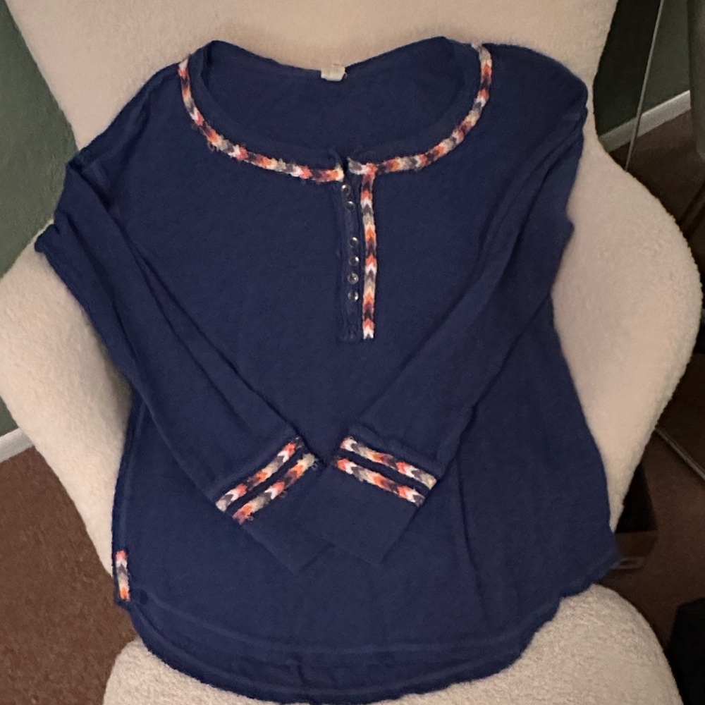 Blue Free People Long Sleeve Top with Multicolored Trim
